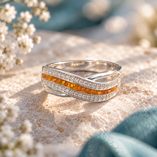 Ladies Solid Silver Wave of Love CZ Half Channel Ring