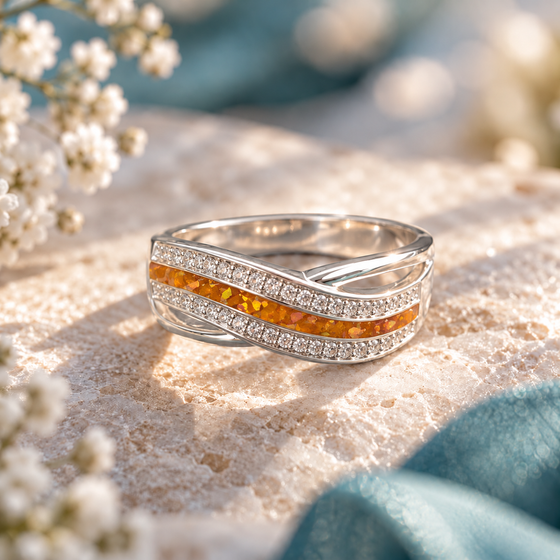 Ladies Solid Silver Wave of Love CZ Half Channel Ring
