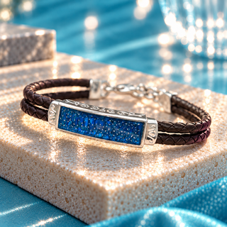 Mens Solid Silver Bracelet with leather strap (Engravable)